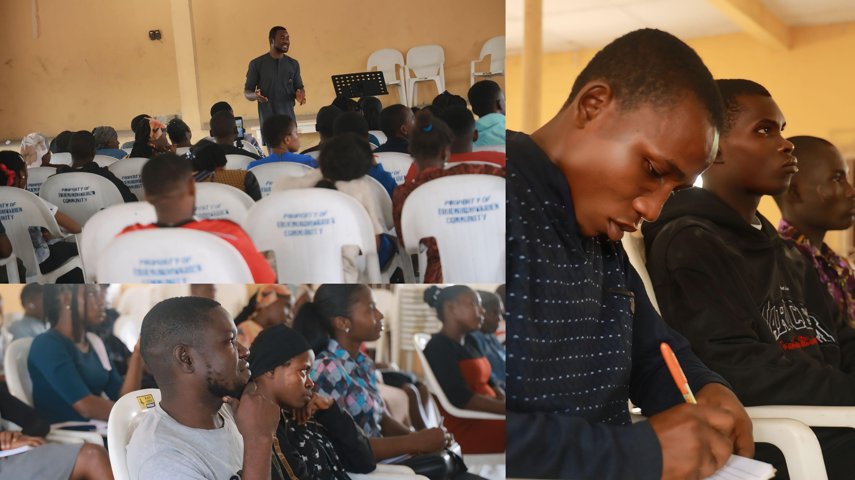 A collage of discipleship training, with a speaker teaching a seated group and participants listening and taking notes